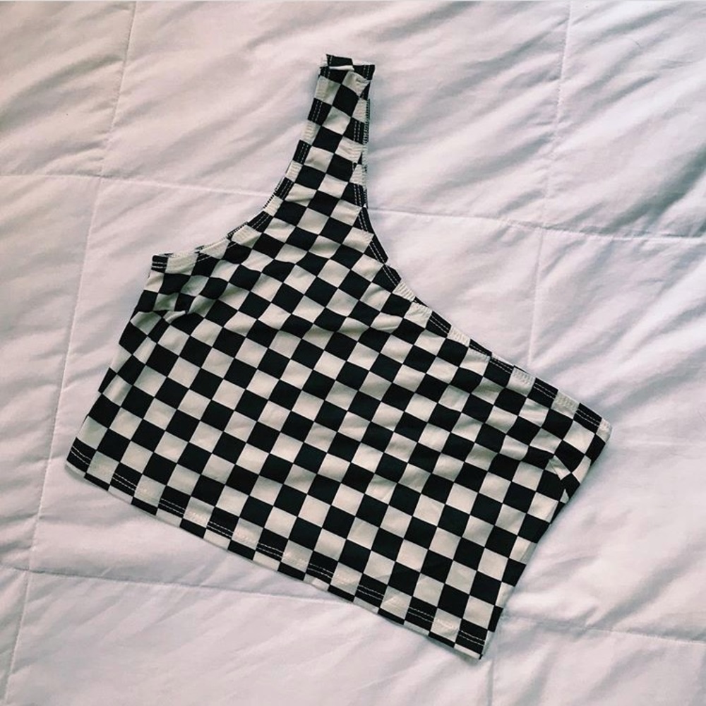 Checkered print one shoulder crop top